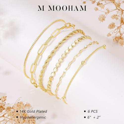 M MOOHAM Gold Bracelets Set for Women No Tarnish | 14K Gold Plated, Dainty Stackable Bracelets Stack for Women, Herringbone Paperclip Rope Cuban Chain Bracelet Set Stack - color: 7.Rope Paperclip Set