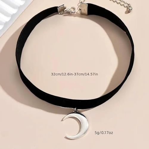 Fesciory Black Necklaces for Women, Adjustable Layered Velvet Leather Lace Collar Necklace, Goth Jewelry Gifts. - color: Moon(Silver)1