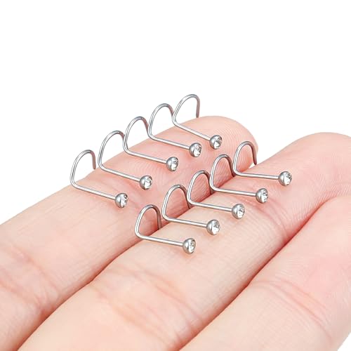 Hoeudjo Nose Studs Surgical Steel Cubic Zirconia Nose Rings Kit for Women Men Tiny Nose Stud Bone & Screw & L Shaped Nostril Piercing Jewelry 18/20/22/24 Gauge 10 Pieces - color: silver-tone,screw nose studs, size: 24g/2mm clear CZ