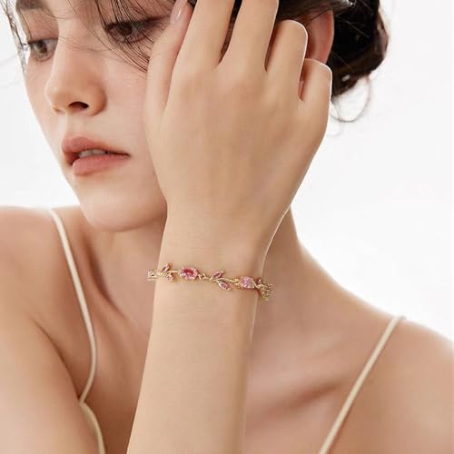 Dainty Crystal Flower Leaf Bracelet for Women Gold-Tone/Silver Plated Sparkling Oval Cz Cubic Zirconia Floral Tennis Bracelets Sweet Fine Bridal Wedding Party Prom Fashion Jewelry 7.28inch - color: Gold-Tone