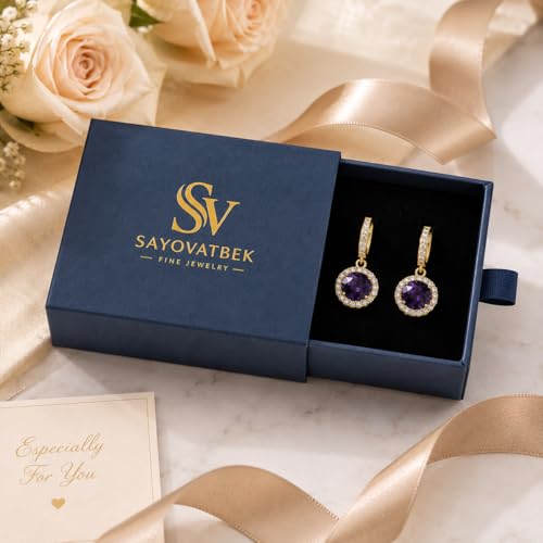 14K Gold Plated Hoop Dangle Earrings for Women, Hypoallergenic Colorful Cubic Zirconia Drop Earrings, Lightweight Huggie Earrings for Women - color: Gold/Amethyst Purple