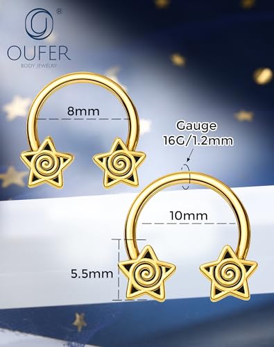 OUFER Septum Rings 16g Septum Jewelry Star Daith Earrings Gothic Tragus Helix Piercing Jewelry for Women Men - color: Gold Black