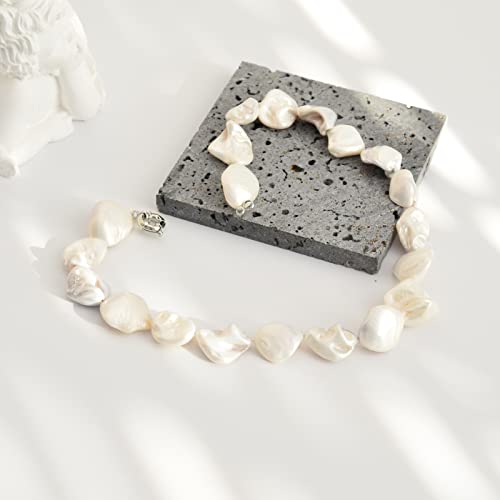 Pearl Choker Necklace for Women Boho Beaded Statement Necklace with Black White Large Freshwater Pearls Silver Fashion Jewelry Gift - color: White