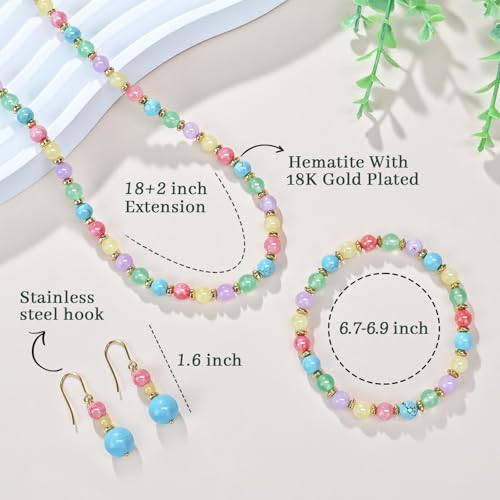 Beaded Necklaces for Women 3Pcs Colorful Boho Gemstone Bead Choker Summer Natural Stone Surfer Beach Bead Necklace Bracelets Earring Set Handmade Jewelry for Women Gift Jewelry Sets - color: Rainbow