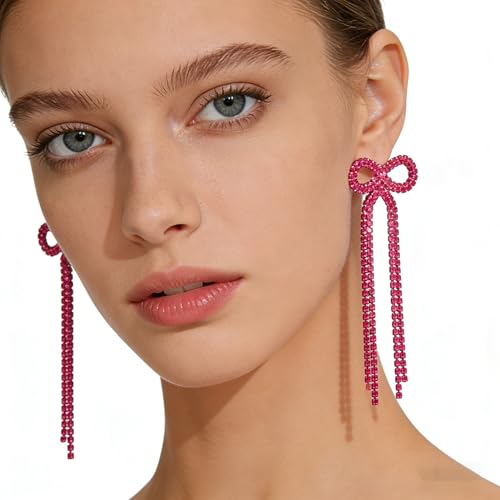 Rhinestone Earrings Dangling for Women Sparkly Silver Dangle Earrings Girls Long Chandelier Earrings Tassel Lightweight Ear Studs Cubic Zirconia (KE001S-W) - color: Bow Rose 516286RO