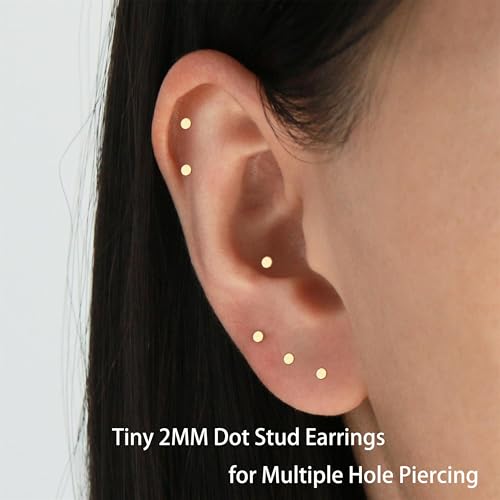 6Pairs 2mm/3mm Surgical Steel Hypoallergenic Piercing Studs, 20G 14K Real Gold Filled Tiny Stud Earrings Set for Multiple Hole Piercing (Cubic Zirconia, Pearl, Ball) - style: P : 2MM, Gold, Dot&CZ, 6 Pairs