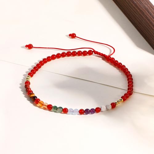 Colorful 7 Chakra Gemstones Beaded Anklet for Women Foot Jewelry | Adjustable 8.5-10 in, Ankle Bracelets for Women, Handmade, Positive Energy, Balance, Yoga, Meditation, Beach, Party, Vacation - style: Red Agate