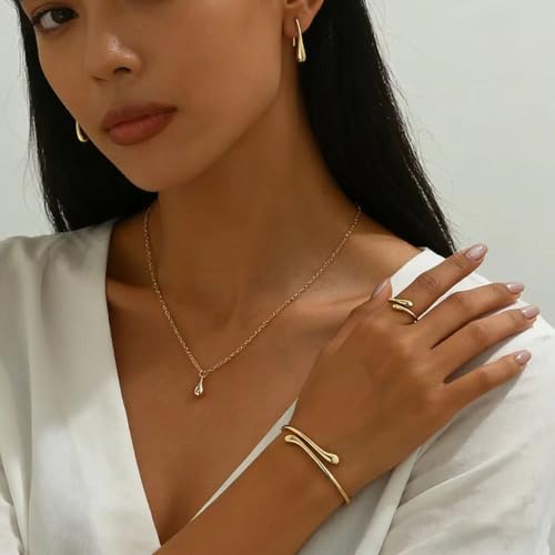 QiaTsed Women's Jewelry Set Gold Teardrop Jewelry Set Statement Elegance Jewelry with Necklace Bracelet Ring Earrings Ideal Jewelry Gift for Women - color: Gold