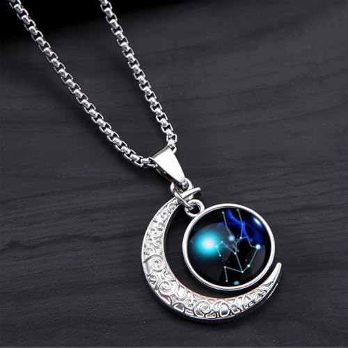 Stainless Steel Mens Necklace 12 Zodiac Moon Galaxy Pendant Necklace,22.8 Inch Stainless Steel Chain, 1.13 Inch Aries/Pisces Celestial Crescent Moon Star Sign Charm Jewelry - style: Taurus(4.20-5.20)