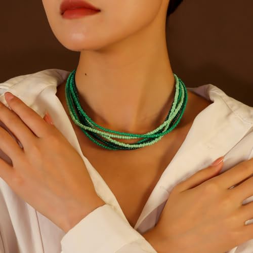 Colorful Multi-layered Seed Beaded Necklace Choker For Women Bohemian Handmade Crystal Stone Gemstone Hawaiian Necklace Holiday Birthday Summer Beach Jewelry Gift - color: Green