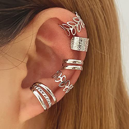 Ear Cuff for Women 14K Gold Plated Cuff Earrings Cubic Zirconia Hoop Huggie Ear Cuffs for Girls Gold Ear Cuffs Non Pierced Ear Clips Cartilage Earring Women Jewelry - color: 5Pcs Silver Set