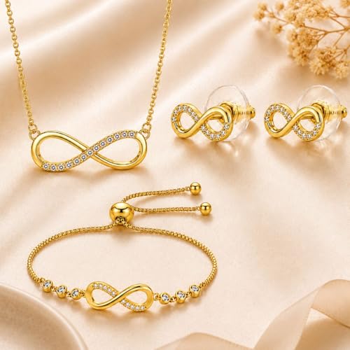 Nilu's Collection Infinity Shape Cubic Zirconia Diamond Bracelet for Women, Jewelry for Gift, Adjustable Charm Bracelet (Rose Gold Necklace + Bracelet) - color: Gold Combo