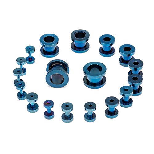 18PCS Ear Tunnels Kit Stainless Steel Screw Fit 14G-00G Gauges Plugs Set Double Flared Stretcher Expander Body Piercing Jewelry - color: Blue