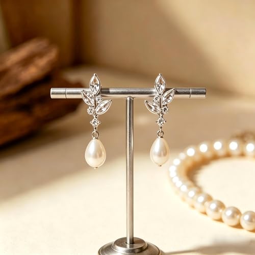 Pearl Earrings for Women, 14k Gold Plated Trendy Diamond Pearl Drop Earrings Hypoallergenic Dainty Bridal Gifts Wedding jewelry for Women - color: Silver-Pearl Style F