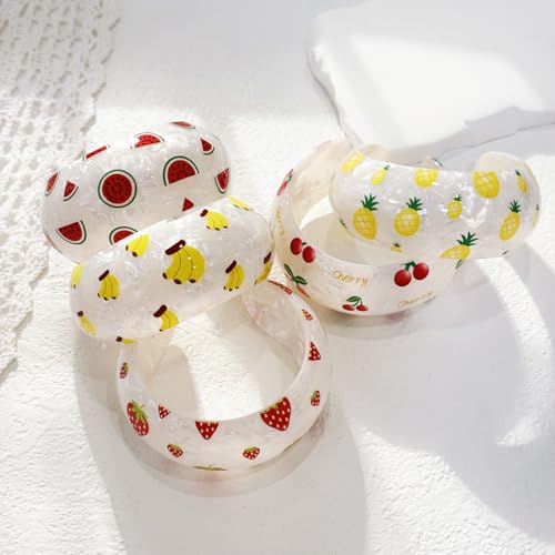 Chunky Fruit Acrylic Cuff Bangle Bracelet for Women, Colorful Strawberry Banana Cherry Watermelon Resin Acetate Wide Open Statement Jewelry Geometric Wristband Bracelets Summer Beach Jewelry - style: Cherry