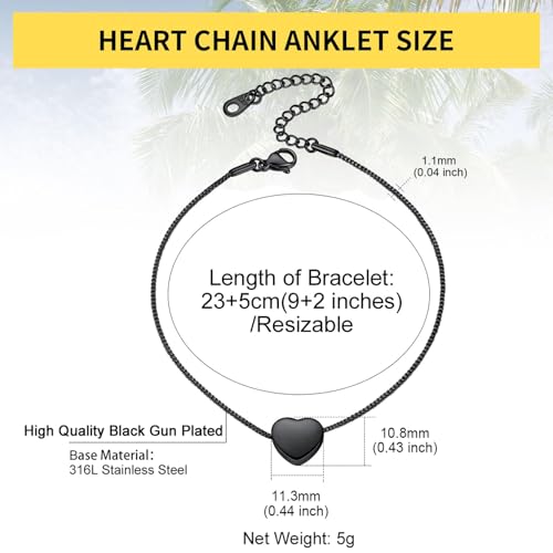 ChainsHouse Ankle Bracelets for Women, Stainless Steel Beaded Chain Ankle Bracelet, Womens Heart Anklets for Summer Beach Jewelry Gifts - color: T: heart-black