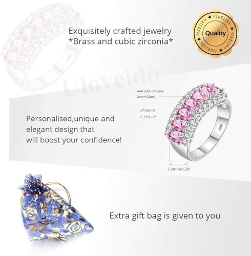 Uloveido Beautiful Women's 7 Stones Wedding Band Oval Cubic Zirconia Engagement Anniversary Rings J501 - color: Platinum-Pink