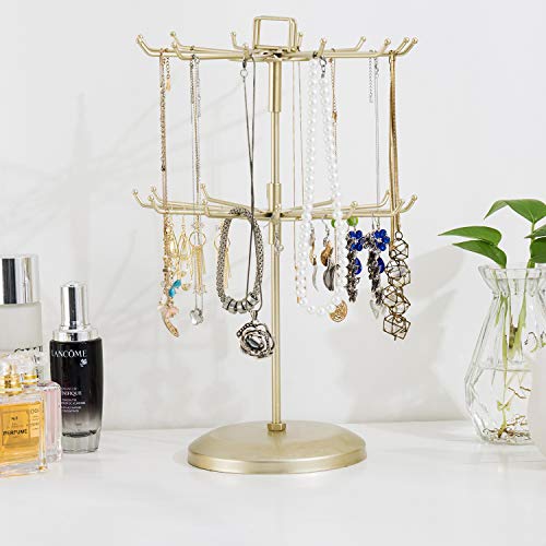 MyGift Brass Metal Rotating Jewelry Stand with 24 Hooks, 2 Tier | Stores Necklaces, Bracelets, Earrings, Keychains & Accessories with Smooth 360° Rotating Display Design - color: Brass (2 Tier)