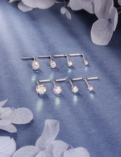 18G 20G 22G Titanium Stainless Surgical Steel Nose Rings Studs for Women L Shaped Nose Studs Screw Nose Ring Piercing Jewelry for Women Men Diamond CZ 1.5mm 2mm 2.5mm 3mm Silver Black Gold - style: 22g/AB CZ/L-shaped/Titanium
