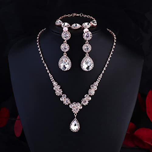 Jstyle Rhinestone Wedding Jewelry Sets for Brides, Brides Bridesmaid Sets | Non Tarnish Bridal Jewelry Set, Crystal Teardrop Pendants Necklace Bracelet,Clip On Earrings, Wedding Prom Jewelry Set - color: Rose Gold Tone