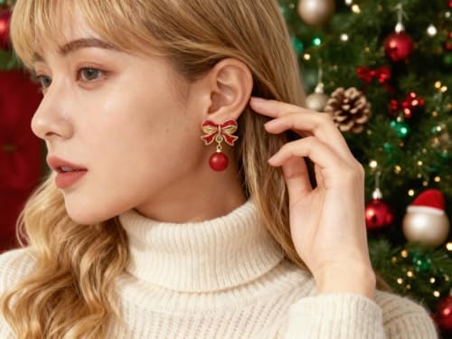Gold Bow Earrings for Women, Long Tassel Chain Drop Earrings, Trendy Small Bow Earrings, Ribbon Waterfall Dangling Earrings, Pearl Bow Earrings, Sparkly Elegant Bowknot Preppy Jewelry Gifts for Women - color: W-Red Bow2