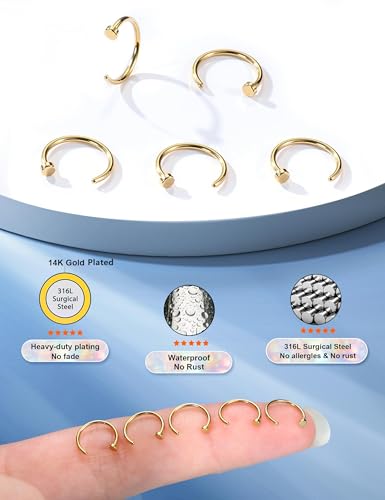 18G 20G 22G Nose Rings Hoops for Women Nose Piercing - Hypoallergenic 316L Stainless Steel Hoop Nose Rings Piercing Jewelry 5PCS Gold Silver Black Tone - color: 14K Gold Plated