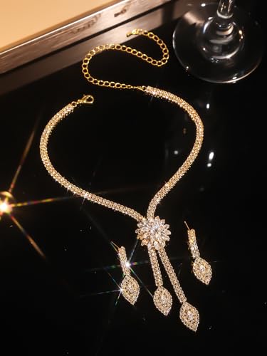 4 Pieces Cubic Zirconia Wedding Jewelry Sets for Bride Rhinestone Bridal Jewelry Set Necklace Bracelet Earring Ring for Brides Bridesmaid for Wedding Party - color: 3 PCS-Gold