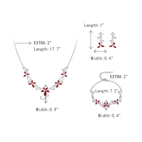 Crysdue Flower Leaf Wedding Jewelry Set for Bridal Bridemaid, Cubic Zirconia Teardrop Elegant Silver/14K/Rose Gold Plated Vine Necklace Dangle Earrings for Prom Party - style: B_Three Set Red