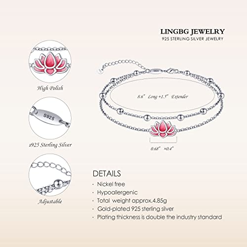 Anklet for Women S925 Sterling Silver Adjustable Foot Charm Ankle Bracelet Anklets Jewelry 9.5-10.5 Inches - color: Yoga Lotus(Pink)