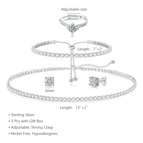 HAXIYA Tennis Necklace Bracelet for Women, Sterling Sliver Jewelry Set, Silver/Gold Chocker Necklace, Crystal Bracelet for Women, Wedding Jewelry for Bride, Sparkly Party Prom Hypoallergenic - color: Classic Set of 4 - Silver
