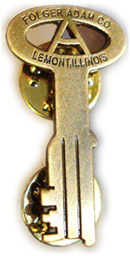 Folger Adam Co. Lemont Illinois Vintage Key Lapel Pin, Antique Gold-Tone Metal, Miniature Lapel Design