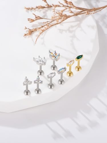 PiercingJ 2-4pcs 16g 316L Stainless Steel 3mm Cubic Zirconia Labret Monroe Lip Ring/Tragus/Helix Earring,6-12mm Bar Length - style: Eye shaped color gem/8mm silver bar