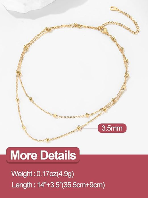 FOCALOOK Choker Necklace for Women, Double Layered Boho Beaded Choker Chain | Dainty 14K Gold Plated/Silver/Black Metal, Simple Small Satellite Beaded Chain Necklace, Hypoallergenic for Everyday Wear - color: 01.2-Layered Satellite Beads-Gold
