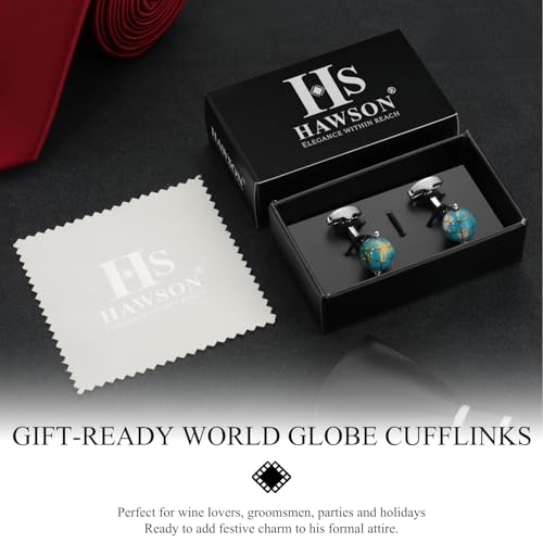 HAWSON Various Unique Cuff Links Mens, Animal/Tactical/Music/Holiday/Cufflinks, Themed Wedding Dinner Party Gift Suit Accessories - style: World Globe