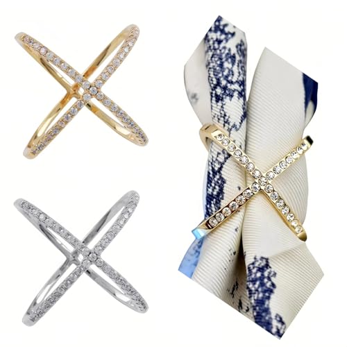 SYWDUDUCLT Scarf Ring for Women's Shawl, Silk Neckerchief, Tshirt, Gold/Sivler, S/M/L, 2 Pcs - style: XDrill