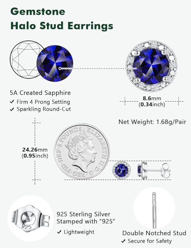 Dainty Birthstone Earrings for Women Sterling Silver Small Stud Earrings with Halo Cushion/Round Created Gemstone Earrings Birthstone Jewelry - style: B 09. Sep./created blue sapphire-round cut