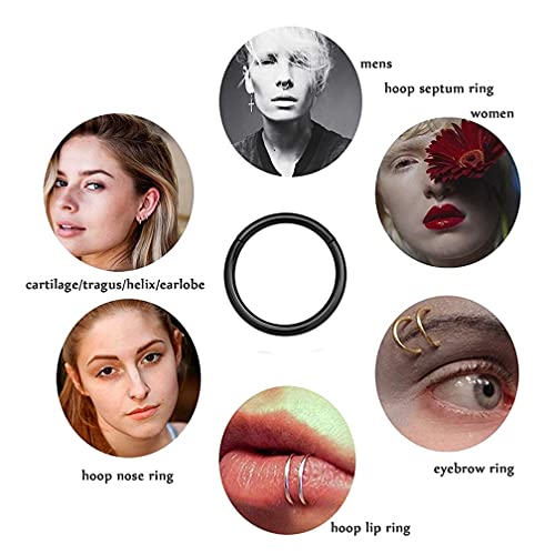 MissNity 316L Surgical Steel Hinged Nose Rings Hoop 20G 18G 16G 14G, Diameter 6mm to 10mm, Color Gold - Rose Gold - Silver - Black - Rainbow - color: A01: black - 1pc
