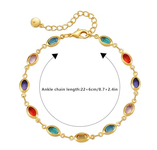 18K Gold Plated Anklet for Women Multicolor Crystal Ankle Bracelets Boho Adjustable Chain Anklets - color: Oval