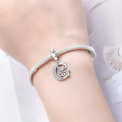 2 Pack 925 Sterling Silver Butterfly Letter Charms for Bracelets and Necklace Alphabet Initial Dangle Pendants Round Spacer Beads Pave Cubic Zirconia Jewelry Gift for Women - color: G Set