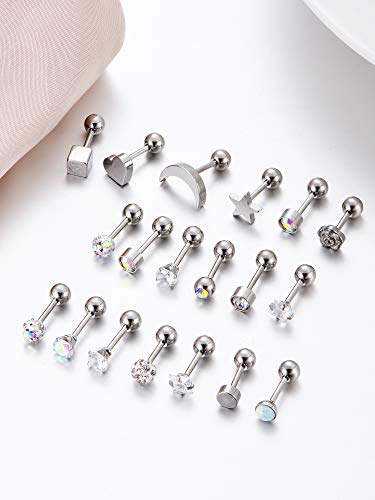 18 Pairs Stainless Steel Stud Earrings Solid Rhinestone Earring Cartilage Earrings Helix Ear Piercing Jewelry for Women Men (Steel Color, 18 G/ 1 mm with 4 mm Screw Ball)