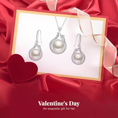 EleQueen 925 Sterling Silver CZ Freshwater Cultured Pearls Bridal Pendant Necklace Earrings Wedding Jewelry Sets, Valentine's Day/Mother's Day/Christmas Gift - style: Pearl Necklace Drop Earrings
