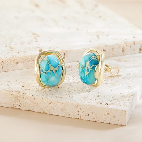 YOQUCOL Natural Stone Trendy Clip On Stud Earrings for Women Gold Plated Non Pierced Statement Earrings Fashion Jewelry - color: Oval-Blue