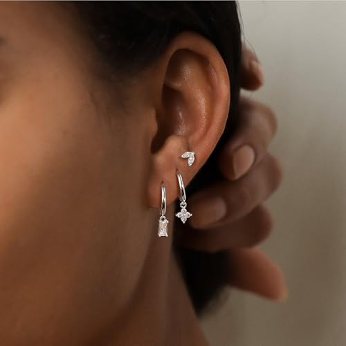Sterling Silver Earrings Stacks for Women, Hypoallergenic Cartilage Earring | Dainty Stud Huggie Hoop Dangle Chain Earrings, 14K Gold/White Gold Plated - color: 3Pairs-Square CZ Set-Silver