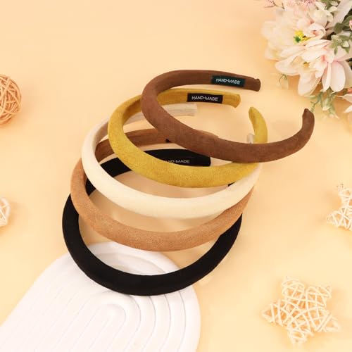 Wecoe Padded Headbands for Women 5pcs Fall & Winter Neutral Plain Sueded-Like Headbands Fashion Non slip Soft Comfortable Head Bands Hair Accessories for Women