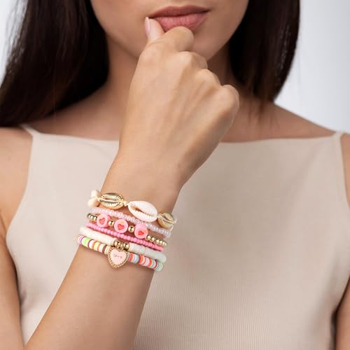 Summer Surfer Heishi Bracelet Set for Women Stackable Gold Plated Clay Ploymer Bead Stretch Pink Beach Layering Bracelets Jewelry - color: A-Pink 3 heart 6pcs