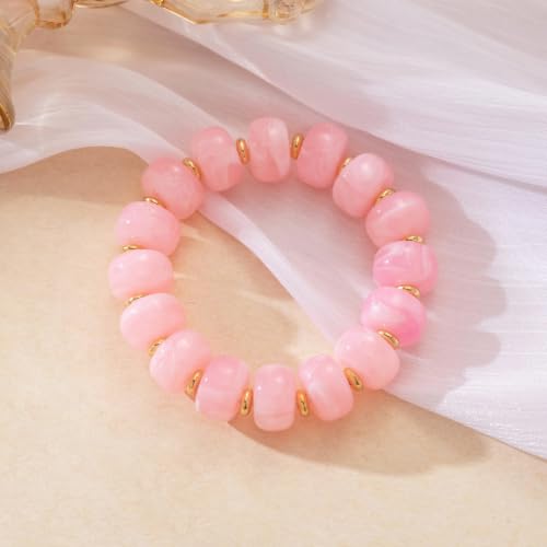 Bead Bracelet for Women Vibrant Color Resin Beads Bracelets Elastic Stretch Chunky Bracelet Boho Summer Beach Vacation Jewelry - color: DunPink