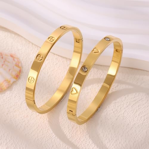 Camhanno Gold Bangles for Women - Stainless Steel Love & Friendship Bracelet Set with Gift Box | Daily Wear & Party Jewelry - color: 2Pcs Gold Set Style 5