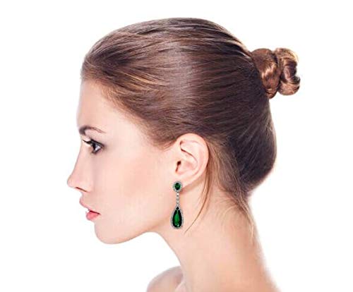 Long Cocktail CZ Halo Teardrop Chandelier Clip On Earrings Silver Plated - color: Green