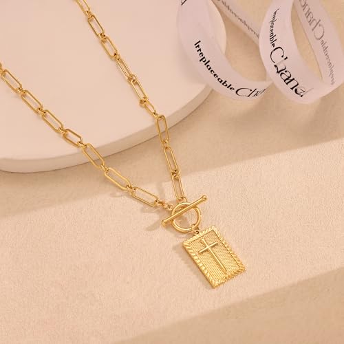 Freekiss 3-Piece Layered Toggle Necklace for Women | Gold/Silver necklace set with herringbone, rope, and paperclip chains plus a toggle clasp for layering, parties, and gifts - color: Gold Cross Necklace