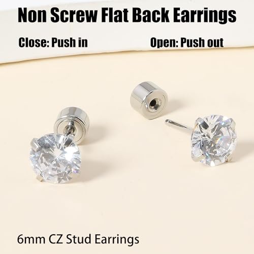 Threadless Flat Back Earrings, Hypoallergenic 14K Real Gold Plated CZ Stud Earrings | Cartilage Earring | Tragus Helix Piercing Jewelry | Push in Flatback Earrings for Women Men - color: Silver, size: 6 Millimeters